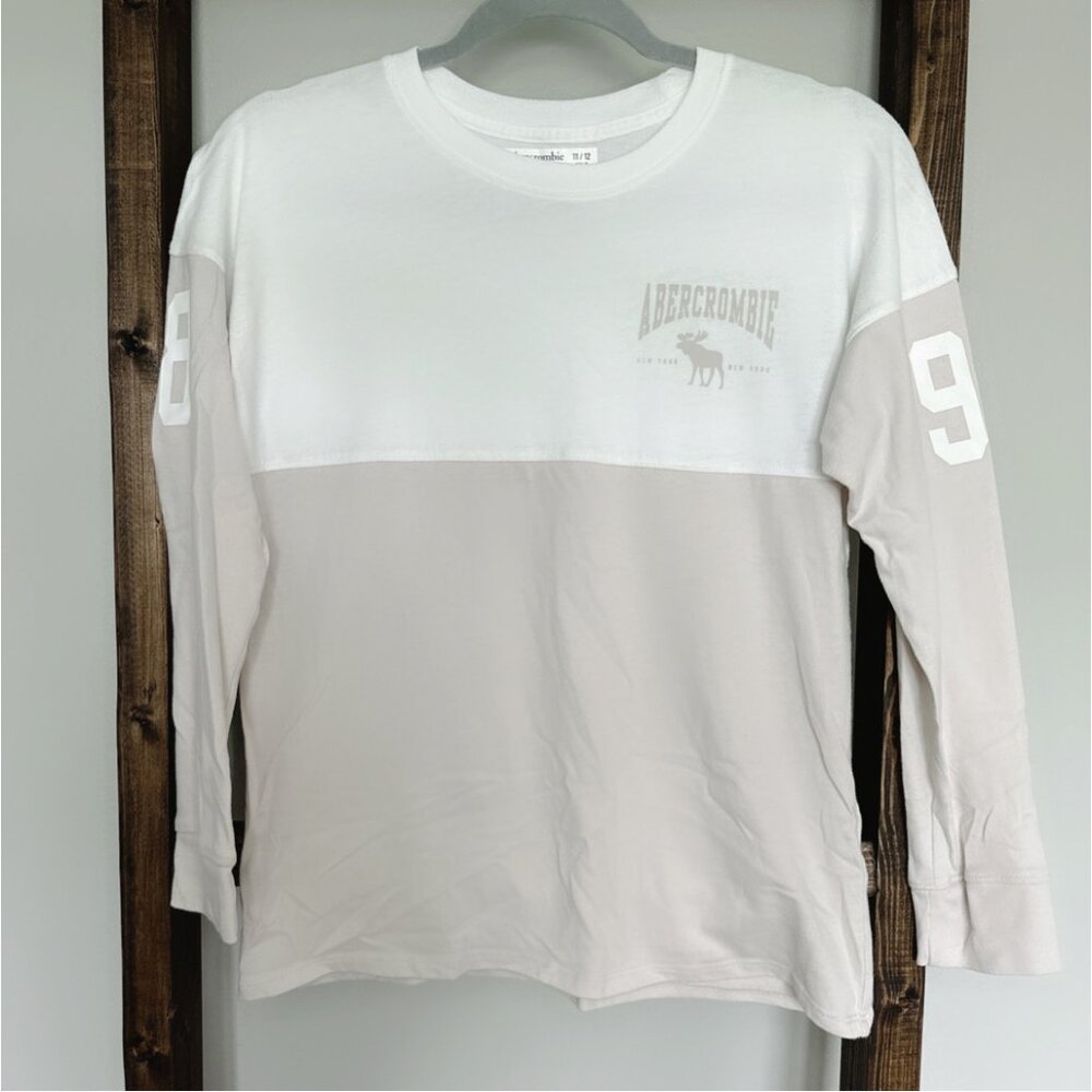 Abercrombie Kids Long Sleeve Colorblock Tee Shirt Size 11/12 White Moose Logo 89